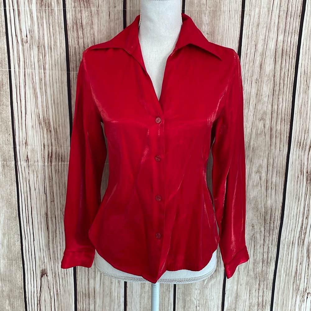 Liz Baker Red Shiny Button Down Blouse 6P